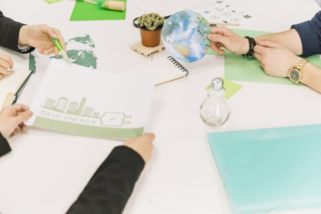 group businesspeople working energy saving desk